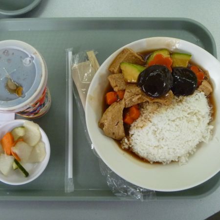 Braised Mushrooms, Bean Curds and Marrow Cucumbers with Rice from Comet Cafe in Tomorrowland