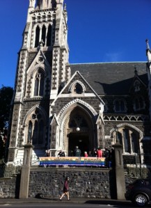 Presbyterian church - with a rainbow banner saying "We Welcome All People"