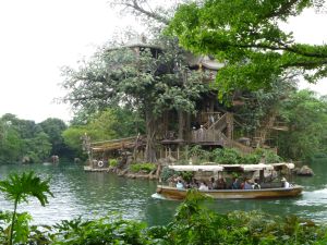 The Jungle Cruise at Hong Kong Disneyland goes around Tarzan's Treehouse - which you need to catch a raft to visit