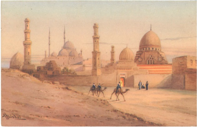 Tombs of the Mamelukes, the burial places of hte Baharite Mamelukes who ruled Egypt from 1250-1380, the Mosque of Mohammed Ali is in the background