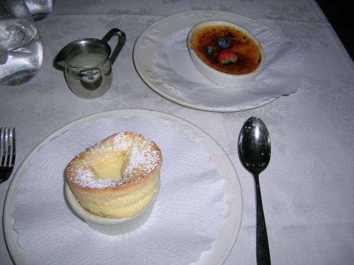 Souffle with vanilla sauce (in the wee jug) and as we couldn't choose, oh look a Creme Brûlée too