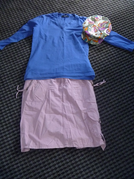 3/4 sleeve blue wear-once-and-leave t-shirt with the skirt and hat from above.