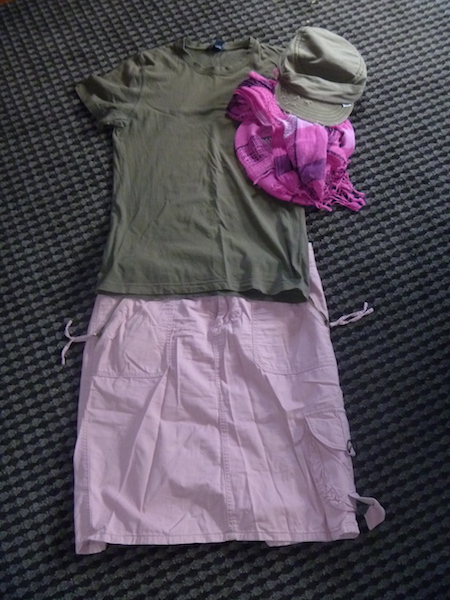 Khaki wear-once-and-leave t-shirt with the khaki cap and pink scarf and skirt.