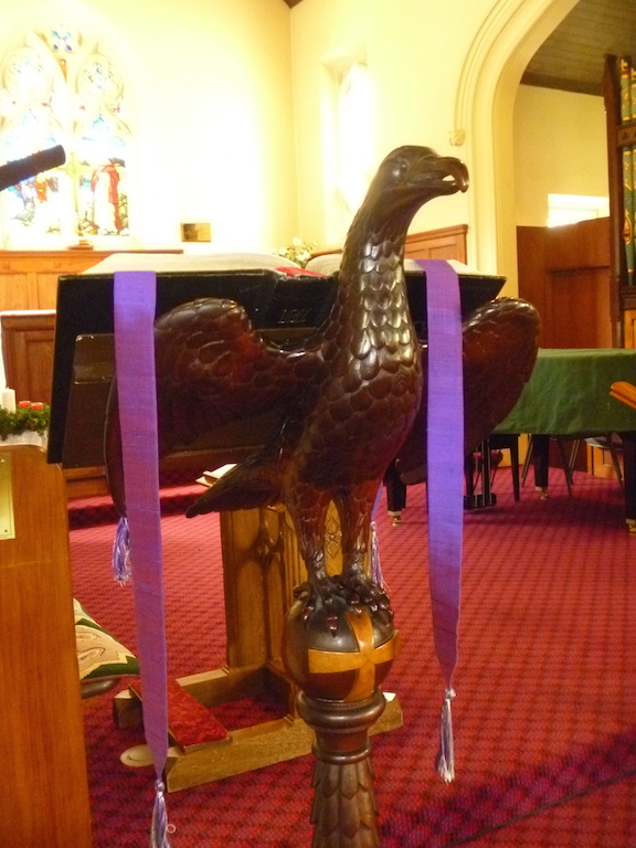 Carved eagle lectern, the work of a Chinese man named Ah Tong, given in 1874