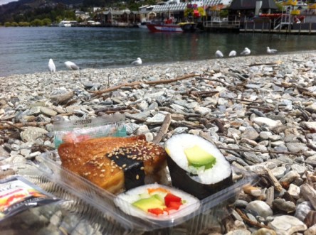 Sushi picnic on the shore of Lake Whakatipu