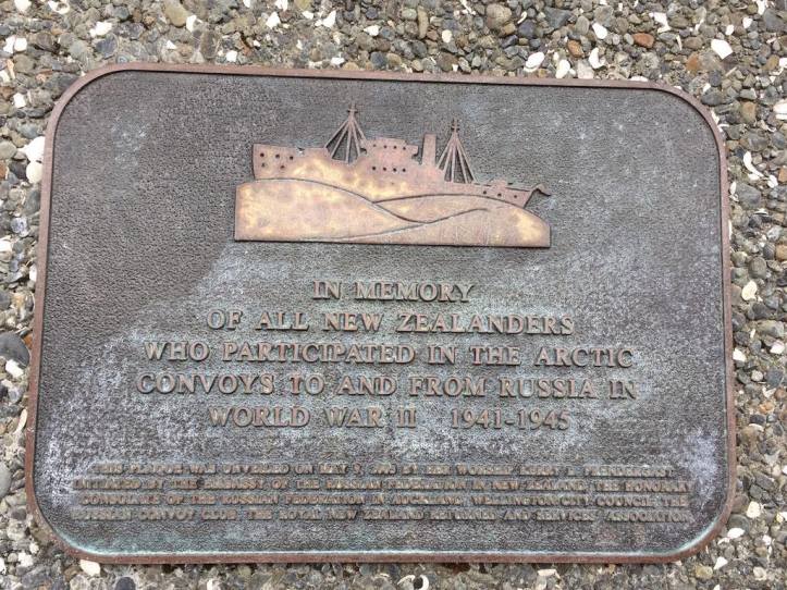 IN MEMORY OF ALL NEW ZEALANDERS WHO PARTICIPATED IN THE ARCTIC CONVOYS TO AND FROM RUSSIA IN WORLD WAR II 1941-1945This plaque was unveiled on 9 May 2005 by Her Worship Kerry L. Prendergast. Initiated by the Embassy of the Russian Federation in New Zealand, the Honorary Consulate of the Russian Federation in Auckland, Wellington City Council, the Russian Convoy Club and the Royal New Zealand Returned and Services Association.