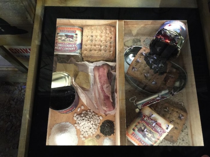 Examples of the food eaten by troops, hard biscuits which broke their teeth, jam and preserved, salted meat.